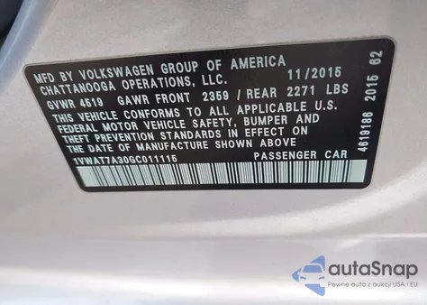 2016 Volkswagen Passat 1.8T S from USA, damaged, VIN 1VWAT7A30GC011115